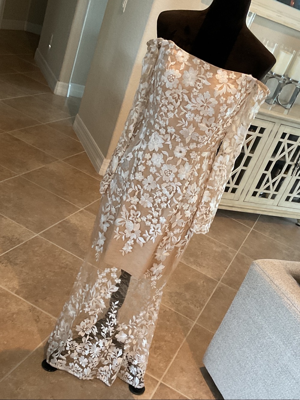 GIANNI BINI back zip dress, ivory lace over nude shell, sheer lace below knee, 6